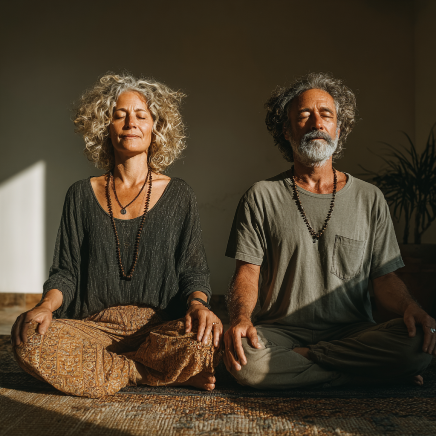 Grupo de adultos mayores en clase de yoga
